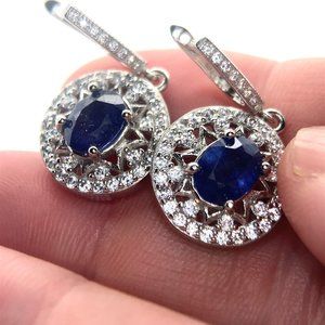 Blue Sapphire 4.20ct Platinum Finish Solid 925 Sterling Silver Earrings